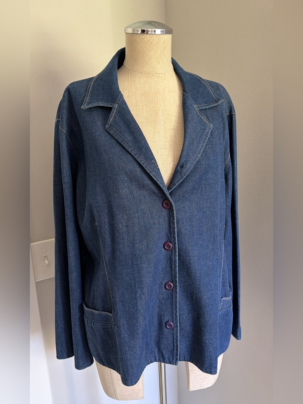 1980s A.K.A Los Angeles Women’s Blue Denim Button Front Collared Shacket L